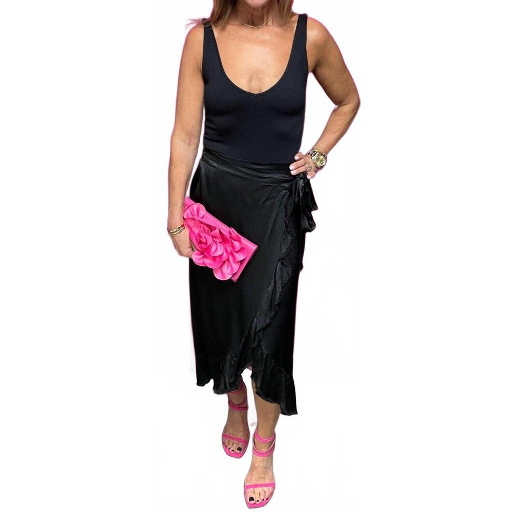 NEW DIXIE camilla satin ruffle midi skirt in black